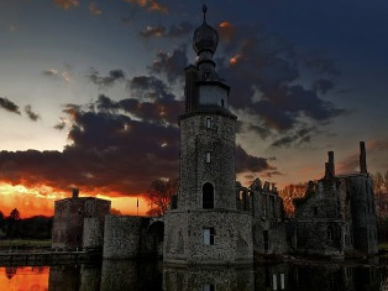 Dark Castle, architecture, water, dark, sunset, clouds, castle, other, HD wallpaper