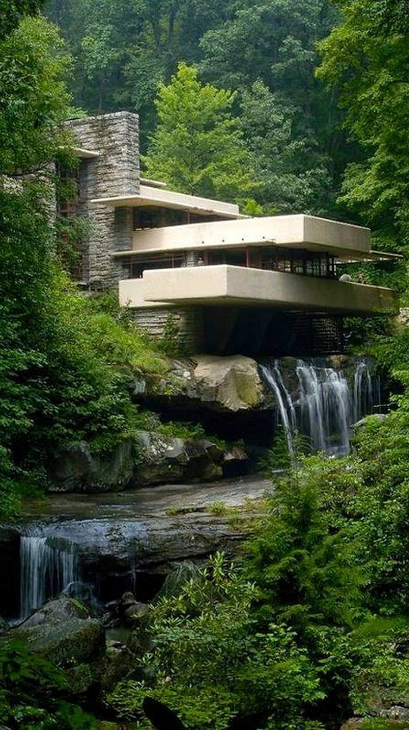 Green View, beauty, house, waterfalls, HD phone wallpaper