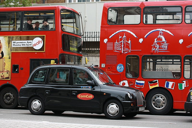 London Traffic, Black, London, Red, Bus, Taxi, HD wallpaper