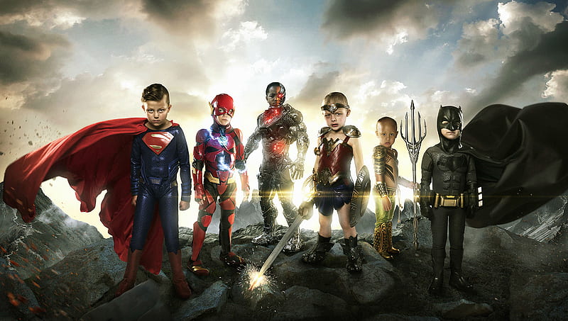 Justice League Small Heroes, justice-league, cosplay, movies, children, child, graphy, superman, flash, cyborg, wonder-woman, aquaman, batman, HD wallpaper