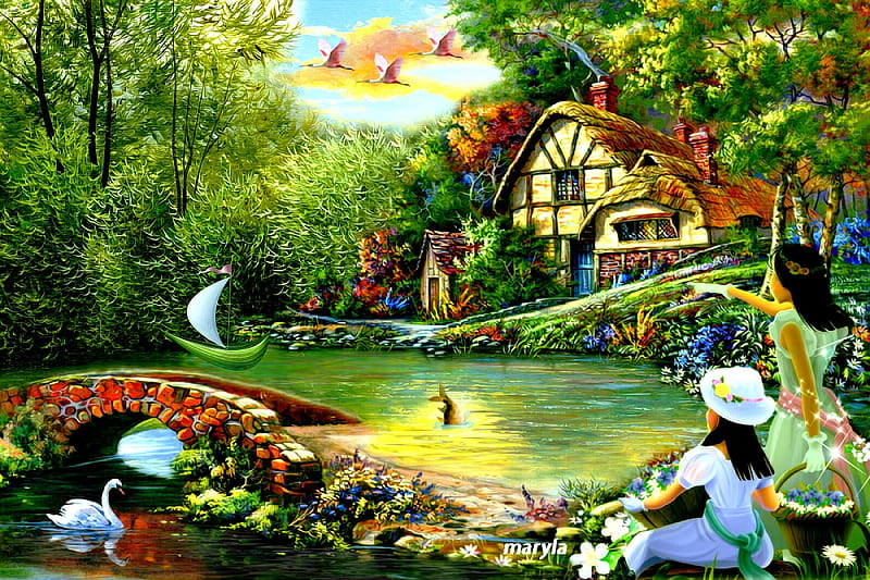 lake, rest, shore, cottage, fish, rainbow, trees, swan, boat, water, summer, flowers, leisure, girls, smoke, HD wallpaper