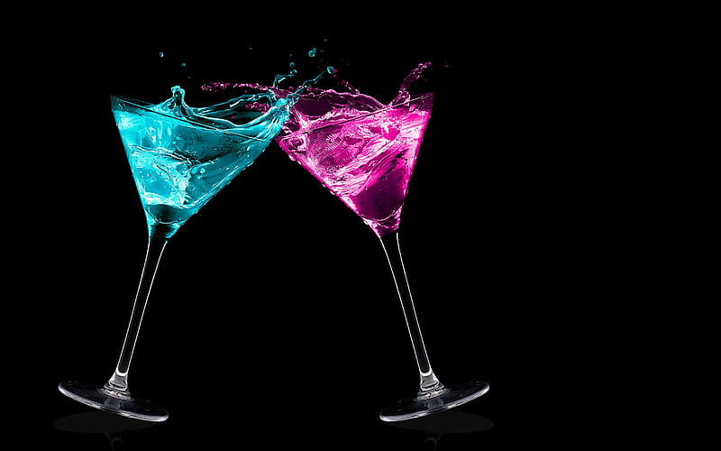 glasses on a black background, neon light, blue martini, pink martini, glasses, HD wallpaper