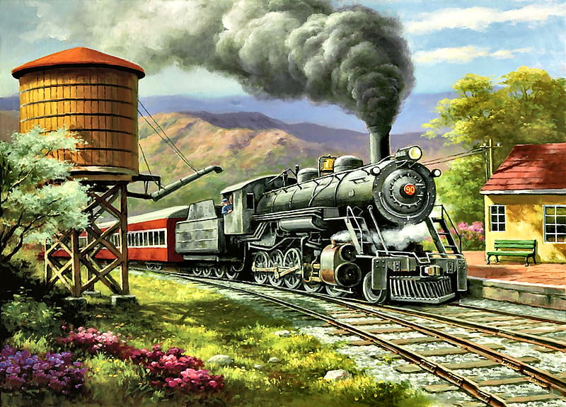 No90's Daily Run - Train F, railroad, art, locomotive, bonito, illustration, artwork, train, engine, painting, wide screen, tracks, HD wallpaper