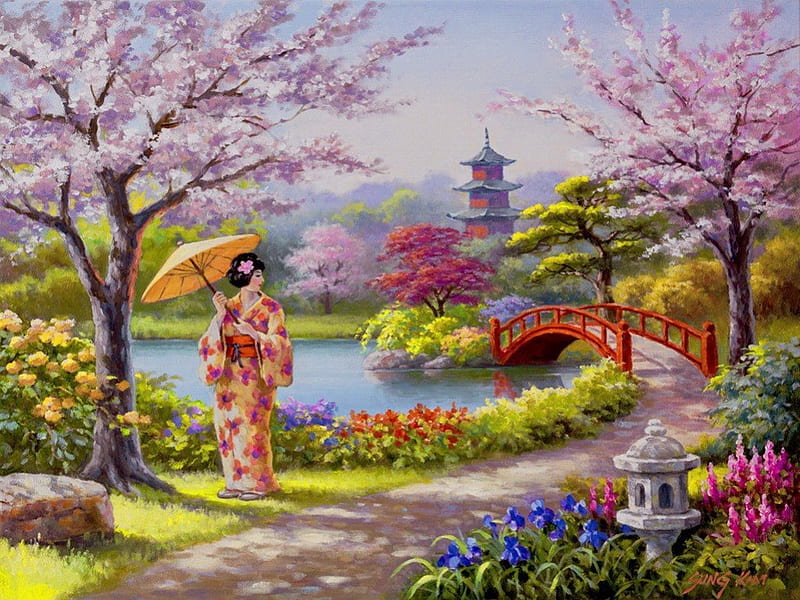 Geisha garden, pretty, colorful, shore, umbrella, bonito, woman, geisha, nice, bridge, painting, path, flowers, river, art, quiet, lovely, relax, spring, park, trees, lake, freshness, pond, alleys, girl, blossoms, garden, flowering, nature, walk, lady, blooming, HD wallpaper
