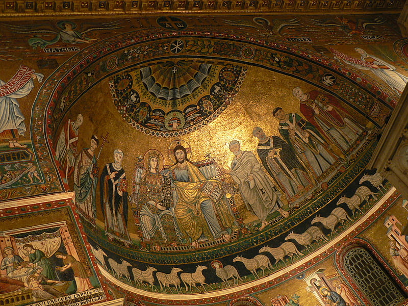 Church interior, wall paintings, apostles, inside dome, gold paint, church, HD wallpaper
