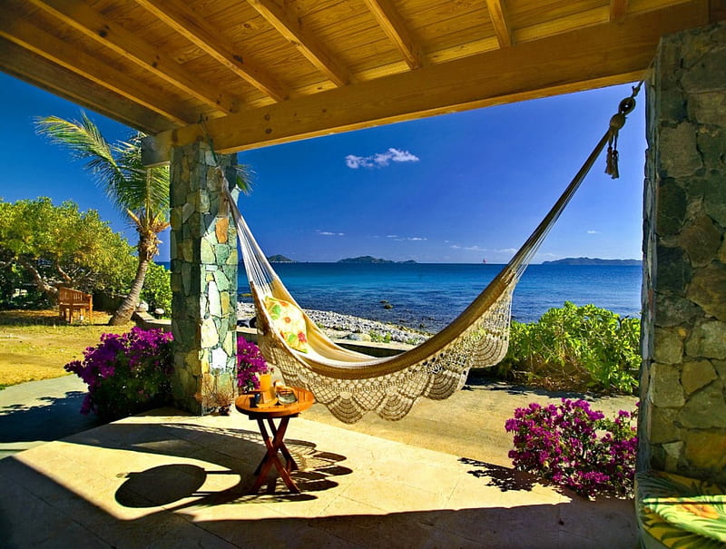 Quiet villa with a lovely view, sun, sunny, villa, hammock, sea, beach, flowers, blue, rest, vacation, cocktail, quiet, lovely, view, holiday, ocean, relax, place, palms, water, pleasant, summer, day, nature, HD wallpaper