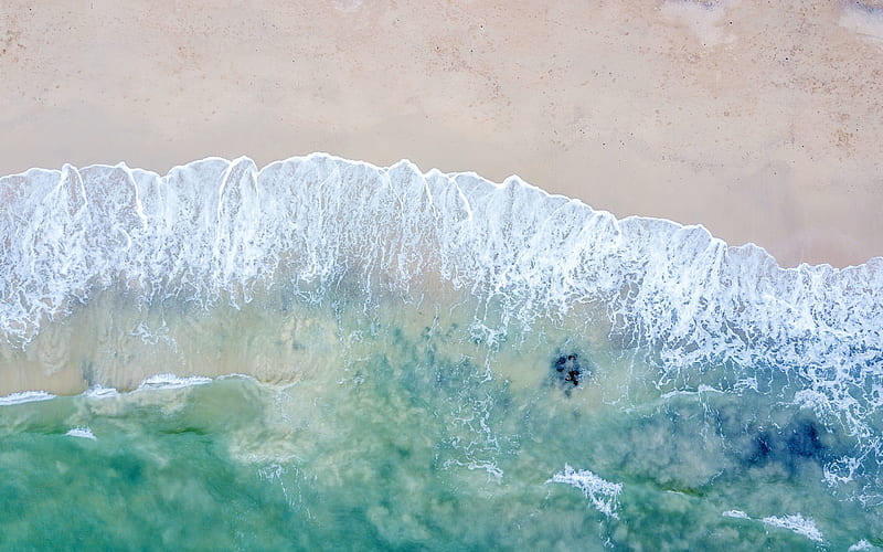 ocean, top view, coast, beach, waves, summer, sand, quadrocopter, HD wallpaper