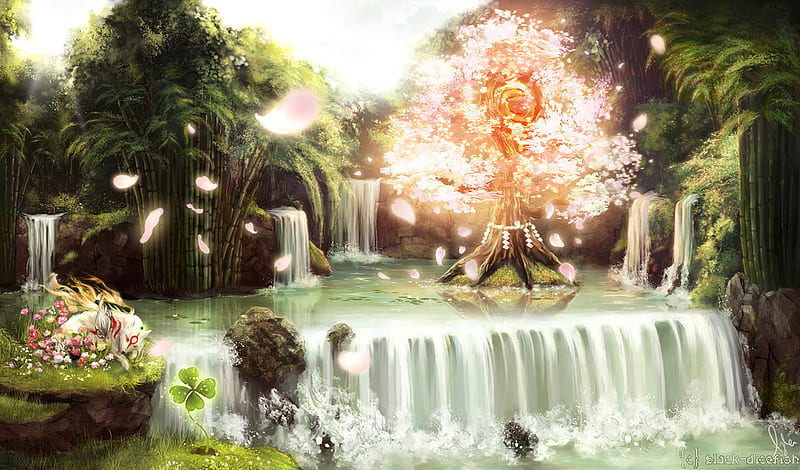 Guardian Sapling, water, okami amaterasu, peaceful, okami, cherry blossoms, HD wallpaper