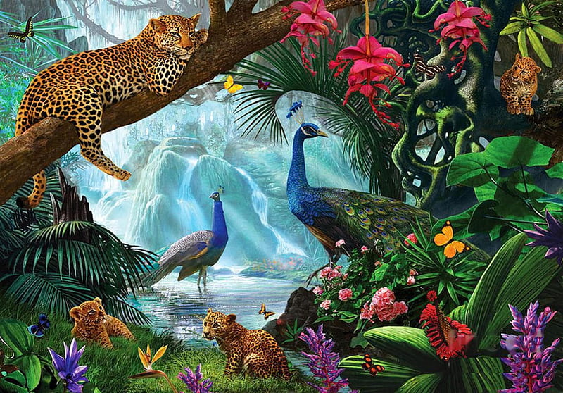Peacocks and Leopards, pond, jungle, flowers, waterfall, butterflies, artwork, animals, HD wallpaper