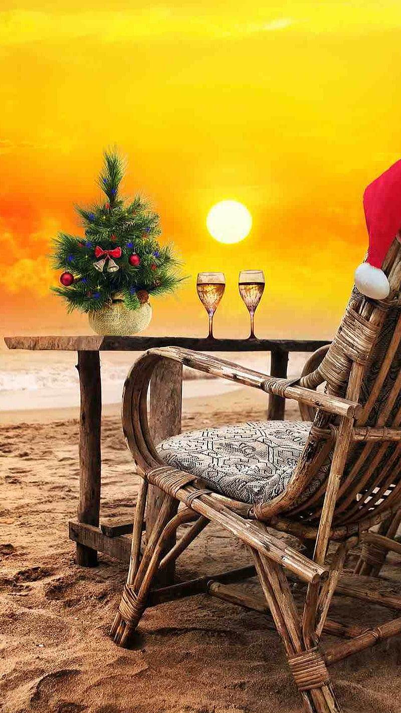 Christmas by the sea, chair, champagne, hat, sun, sunset, table, tree, water, HD phone wallpaper