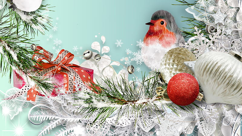 Winter Holiday Bird, bird, snow, decorations, ribbons, winter, bells, Firefox theme, Christmas, jingle, fir, star, HD wallpaper