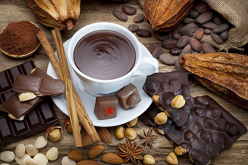 Yummy chocolate drink and goodies, beans, chocolate, cinnamon, anise, abstract, carob, fruit, nuts, graphy, spices, drink, pods, HD wallpaper