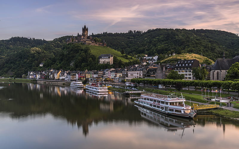 Cochem, Moselle river, motor ships, boats, Reichsburg Cochem, Imperial castle, Germany, Rhineland-Palatinate, castles of Germany, HD wallpaper
