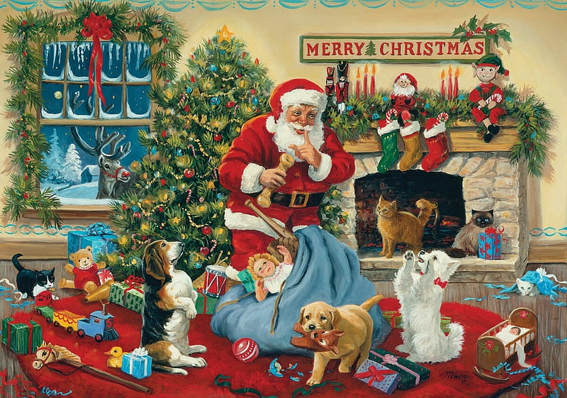 Shhh!, room, funny, dog, art, christmas, craciun, caine, fantasy, santa, tree, painting, pictura, HD wallpaper