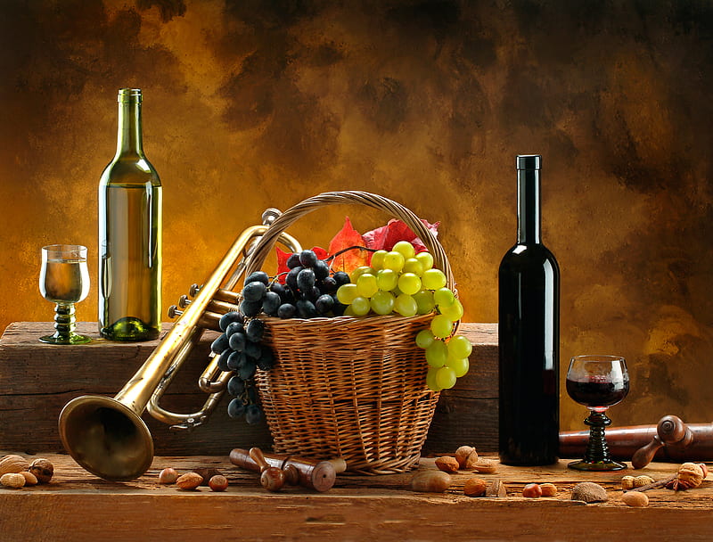still life, hazelnuts, fruits, almonds, bonito, old, grapes, white wine, graphy, nice, drink, cups, harmony, walnuts, trumpet, wine, music, nuts, red wine, cool, basket, HD wallpaper