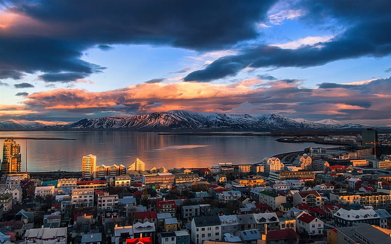 Reykjavik, fjord, mountains, sunset, Iceland, HD wallpaper