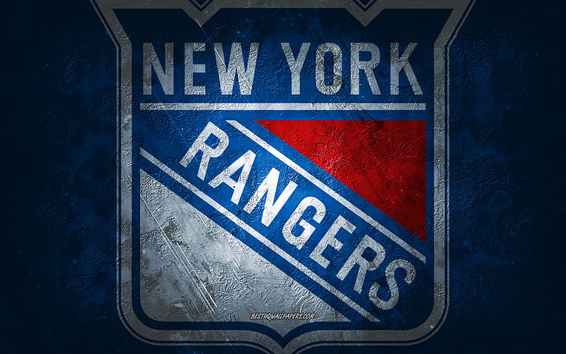 New York Rangers, American hockey team, blue stone background, New York Rangers logo, grunge art, NHL, hockey, USA, New York Rangers emblem, HD wallpaper
