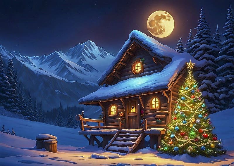 Alpine Christmas, evad, haz, kunyho, fenyok, hegyek, latvany, alpesi, ejszaka, karacsony, dekoracio, telihold, havas, ho, tel, HD wallpaper