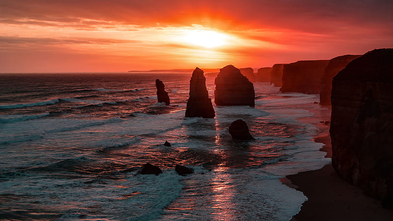 The Twelve Apostles Coastline Rock Sunset Nature, HD wallpaper