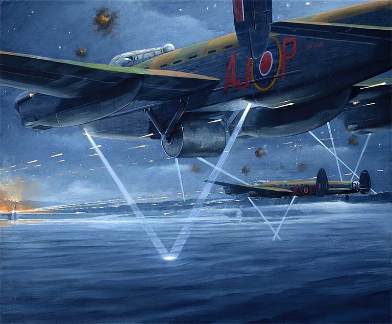 Low Pass Over the Mohne Dam., chastise, guerra, lancaster, ww2, dambuster, world war 2, night, HD wallpaper