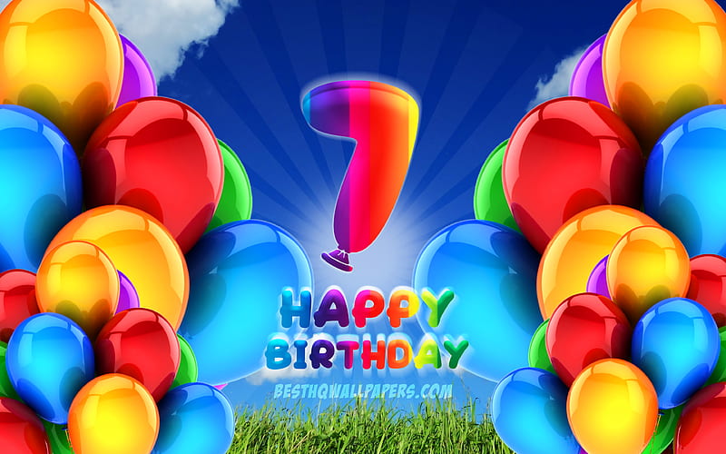 Happy 7 Years Birtay, cloudy sky background, Birtay Party, colorful ballons, Happy 7th birtay, artwork, 7th Birtay, Birtay concept, 7th Birtay Party, HD wallpaper