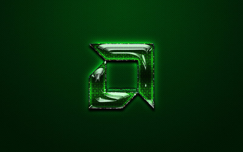 AMD green logo, green vintage background, artwork, AMD, brands, AMD glass logo, creative, AMD logo, HD wallpaper