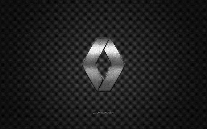 Renault logo, silver logo, gray carbon fiber background, Renault metal emblem, Renault, cars brands, creative art, HD wallpaper