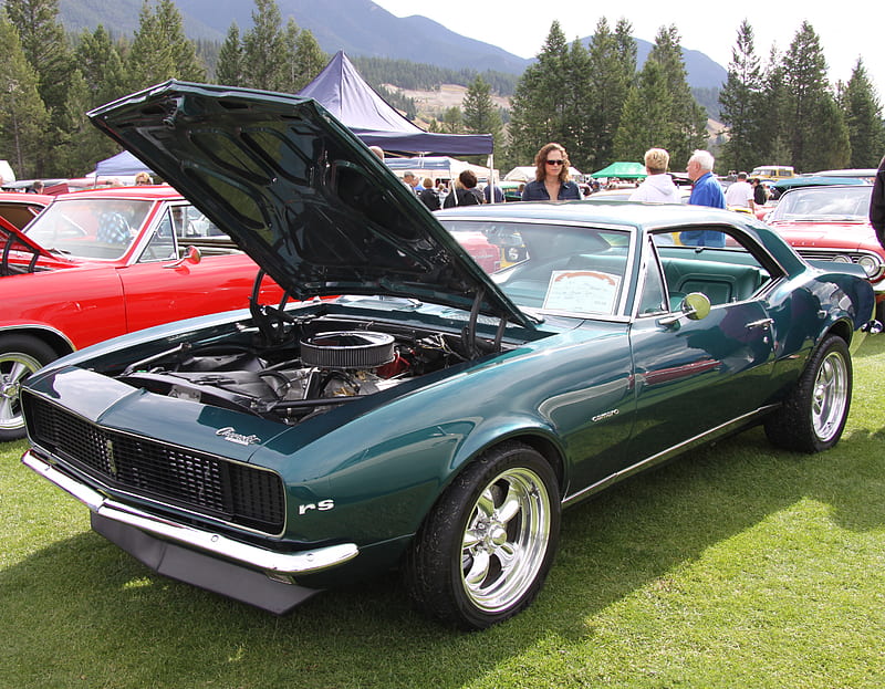 Chevrolet Camaro 1967 in Radium Hot Springs car show 35, red, Chevrolet, camaro, clouds, silver, green, car, graphy, tire, Engine, blue, tent, black, trees, nickel, mountains, white, HD wallpaper
