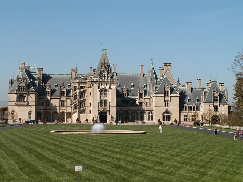 The Biltmore House, fountain, house, stone, green, grass, castle, sky, HD wallpaper