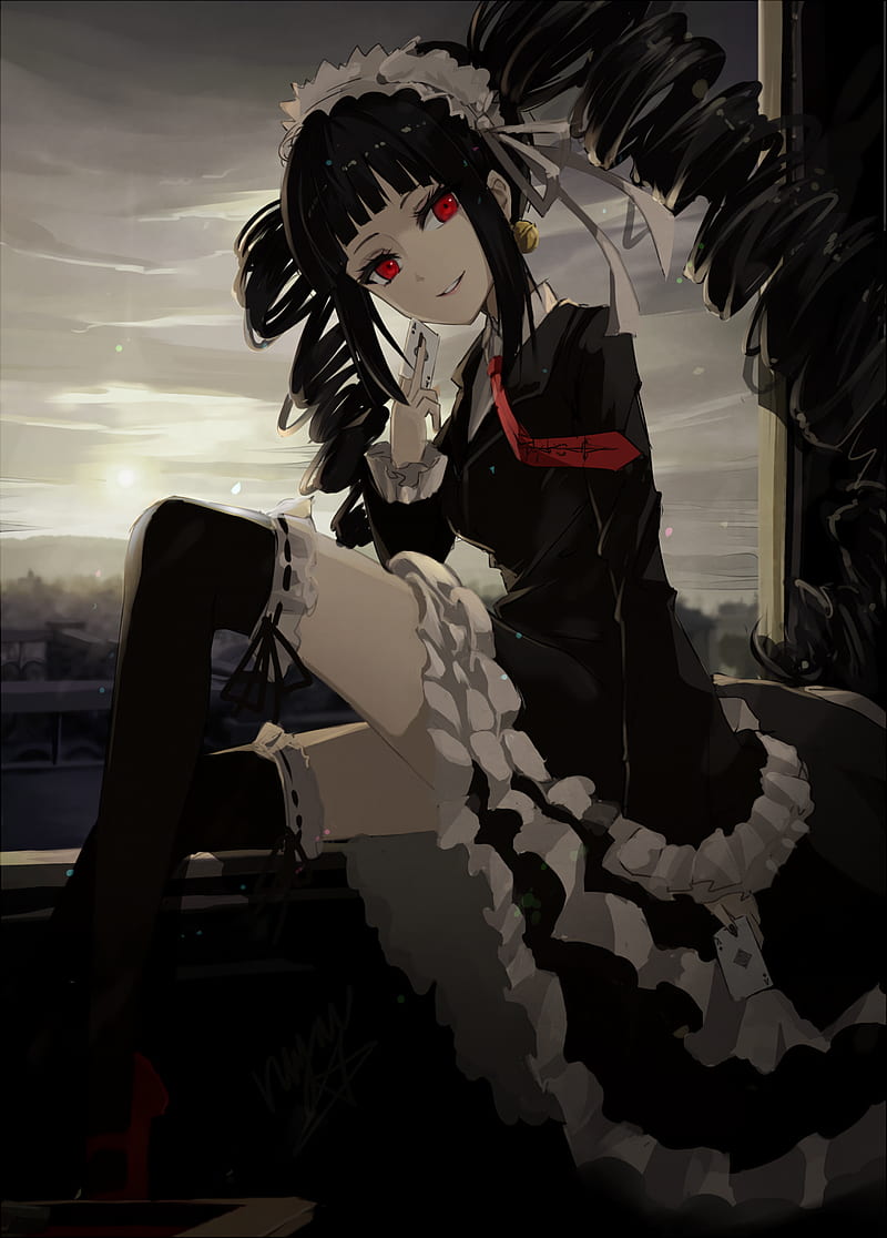 1366x768px 720p Free Download Anime Anime Girls Long Hair Black Hair Red Eyes Cards