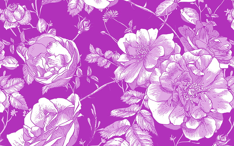 purple roses retro texture background with rose ornaments, purple roses background, roses texture, roses retro ornaments, purple retro floral background, HD wallpaper