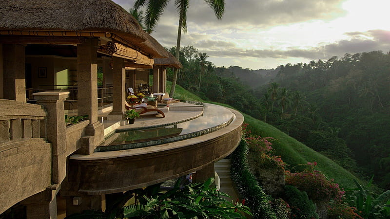 unbelievably beautiful victory bali hotel, hotel, view, jungle, sunbeams, garden, pool, terrace, HD wallpaper