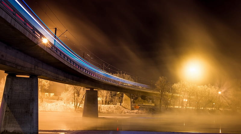 bridge on a foggy night in long exposure, bridge, river, long exposure, lights, fog, night, HD wallpaper