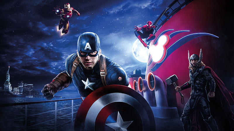 Captain America Thor Iron Man Spiderman Disneyland Paris Marvel Disney Cruise, iron-man, spiderman, thor, captain-america, superheroes, artwork, digital-art, disneyland, HD wallpaper