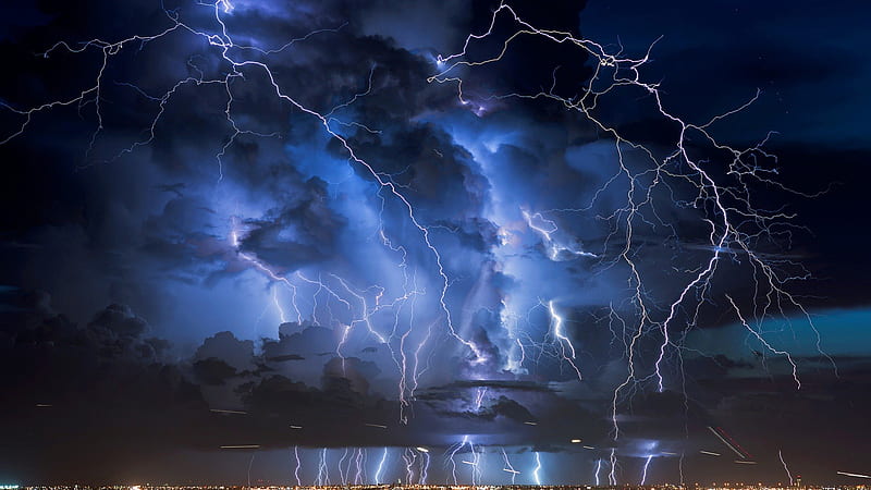 spectacular lightning storm, city, lightning, clouds, storm, lights, night, HD wallpaper