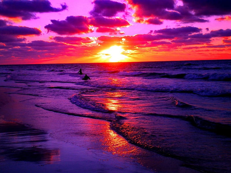 Purple waves, shore, glow, ocean, bonito, waves, sky, clouds, mirrored, sea, beach, water, purple, sun path, nature, reflection, HD wallpaper