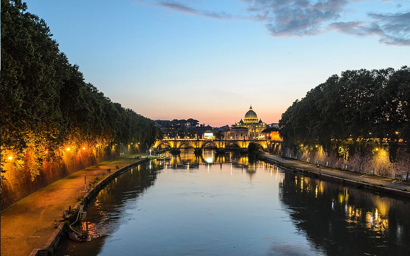 Rome, evening, Tiber river, bridges, beautiful city, cityscape, Italy, HD wallpaper