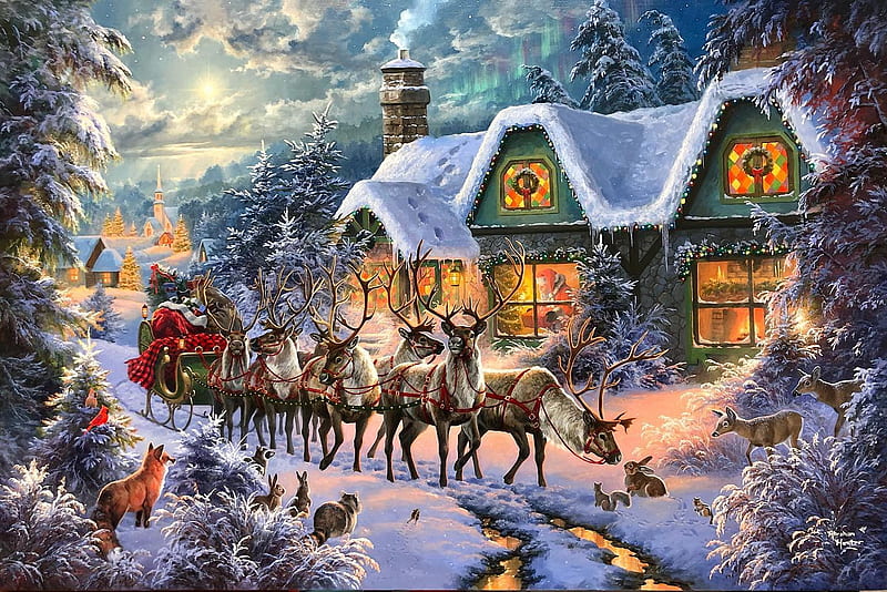 Christmas magic, rabbits, reindeer, winter, sleigh, cottage, trees, artwork, santa, snow, fox, painting, road, HD wallpaper
