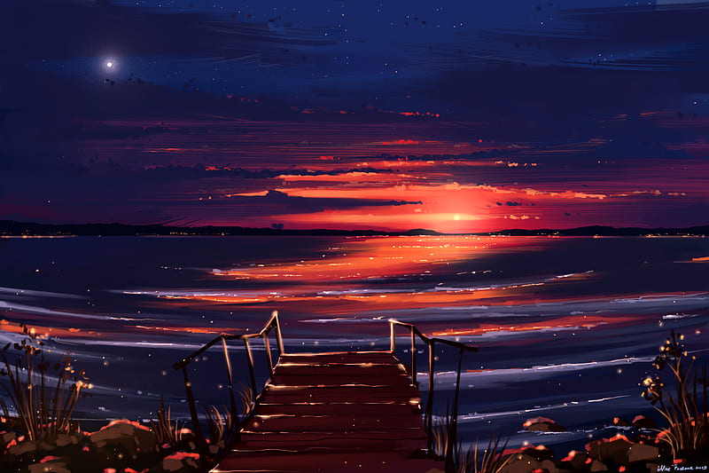 sunset, pier, shore, water, art, HD wallpaper