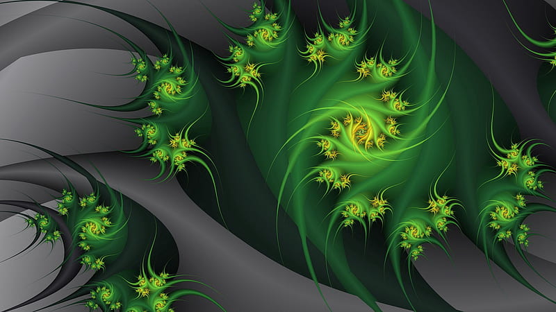 Abstraction Embrace Fractal Flowers Gray Green Plant Trippy, HD wallpaper