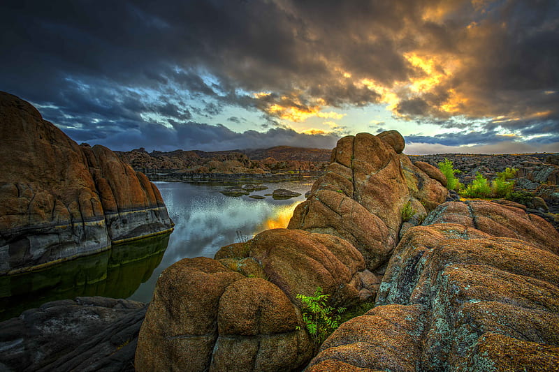 stones, rocks, mountains, river, sunset, sky, HD wallpaper
