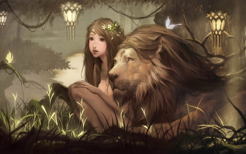 Guardian, fantasy, girl, lion, HD wallpaper