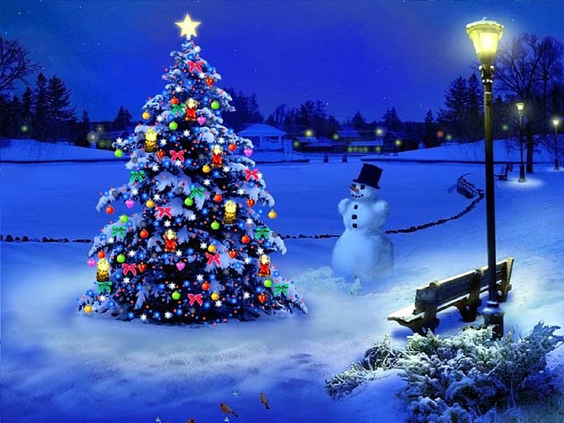 Christmas Tree, Christmas, holidays, love four seasons, attractions in dreams, snowman, xmas and new year, winter, snow, HD wallpaper