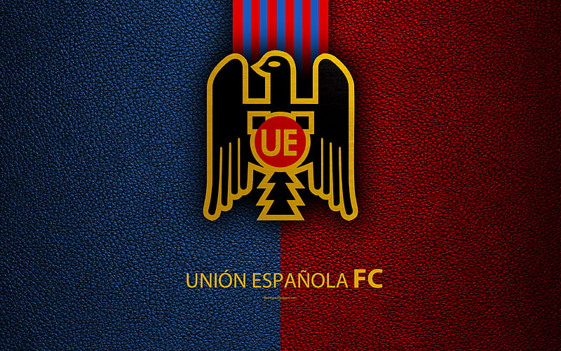Union Espanola logo, leather texture, Chilean football club, emblem, Primera Division, red blue lines, Independencia, Santiago, Chile, football, HD wallpaper