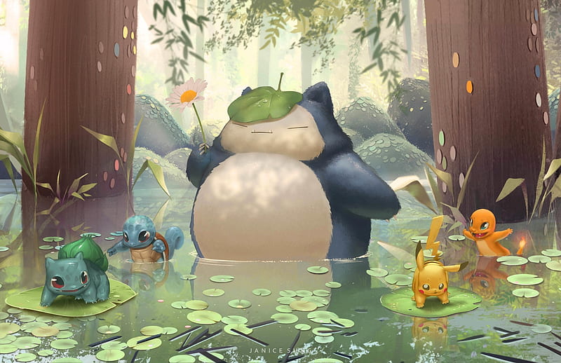 pokemon, squirtle, pikachu, bulbasaur, charmander, snorlax, water, forest, Anime, HD wallpaper