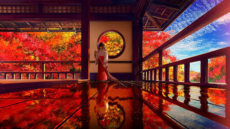 Traditional japanese building, miko, anime girl, autumn, fall, Anime, HD  wallpaper | Peakpx
