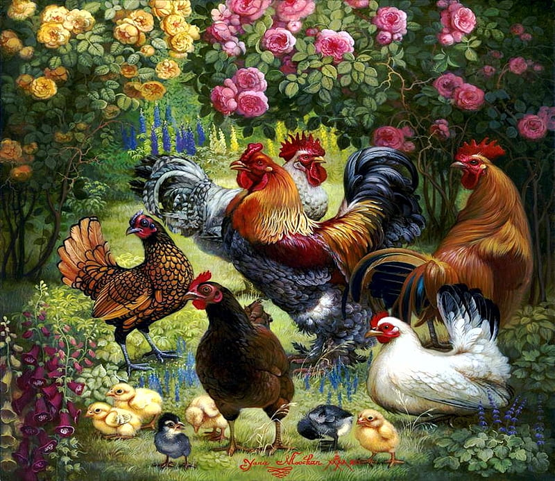 Poultry in Garden, hens, chicken, painting, summer, flowers, roosters, roses, artwork, HD wallpaper