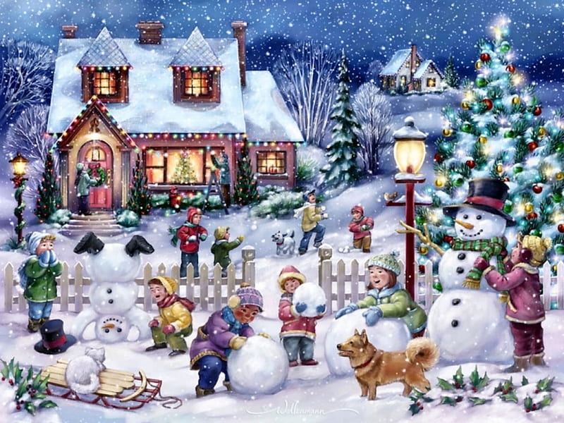 Snowman Celebration, lantern, cottage, christmas, trees, snowman, sled, winter, snow, dog, HD wallpaper