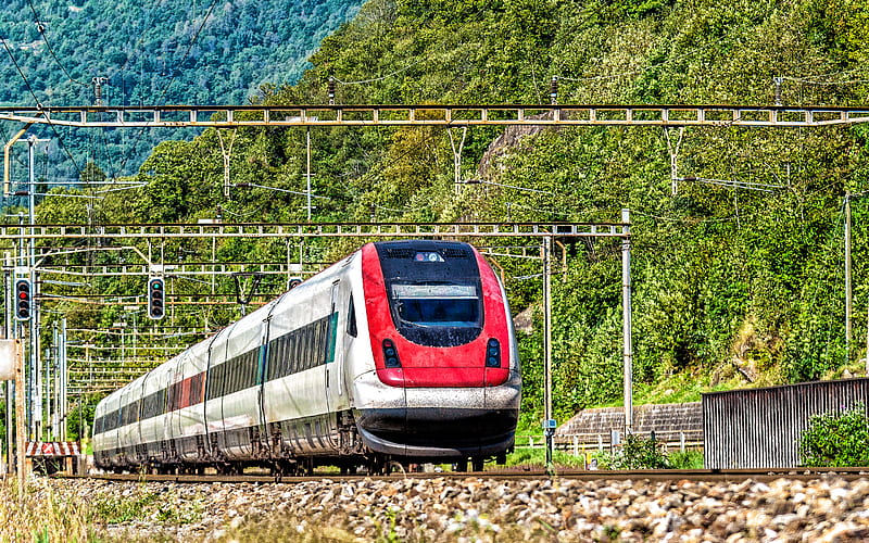 train, Mountain landscape, power lines, passenger transportation, railway, train concepts, HD wallpaper