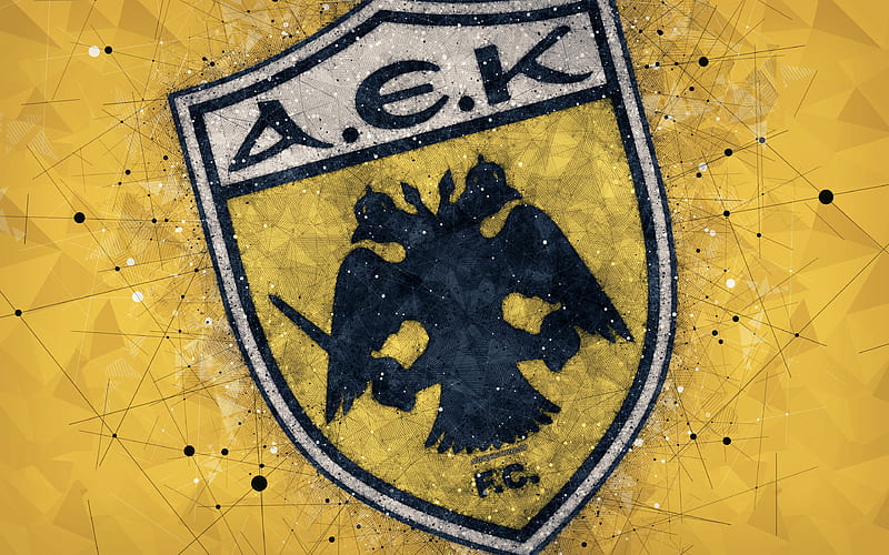 AEK Athens FC logo, geometric art, yellow abstract background, Greek football club, emblem, Super League Greece, creative art, Athens, Greece, football, HD wallpaper